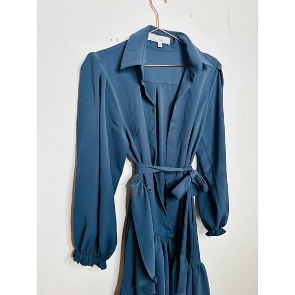 OSMAN YOUSEFZADA Blue Twill Ruffle Button Front Parachute Sleeve Shirt Dress 8 - Picture 4 of 15